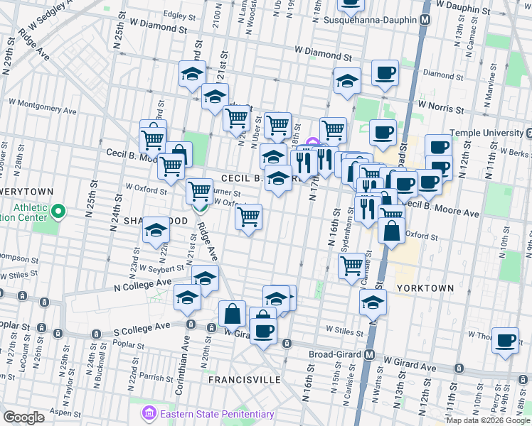 map of restaurants, bars, coffee shops, grocery stores, and more near 1544 North Gratz Street in Philadelphia