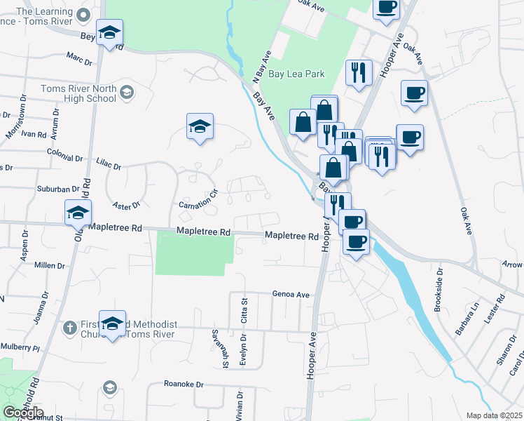 map of restaurants, bars, coffee shops, grocery stores, and more near 36 Turnberry Circle in Toms River
