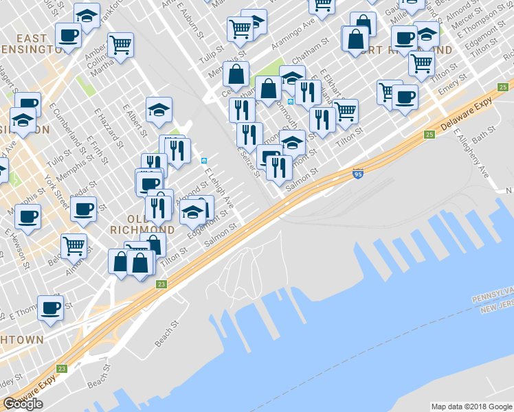 map of restaurants, bars, coffee shops, grocery stores, and more near 2739 Tilton Street in Philadelphia
