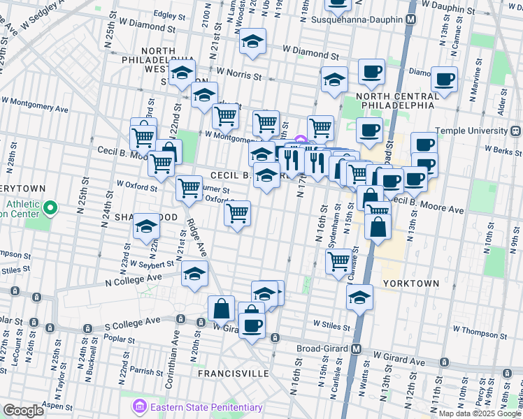 map of restaurants, bars, coffee shops, grocery stores, and more near 1547 North Gratz Street in Philadelphia