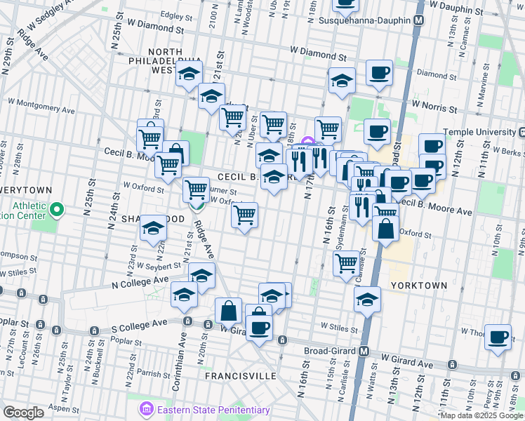 map of restaurants, bars, coffee shops, grocery stores, and more near 1544 North Gratz Street in Philadelphia