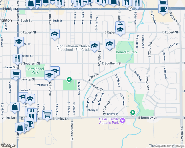 map of restaurants, bars, coffee shops, grocery stores, and more near 499 South 13th Avenue in Brighton