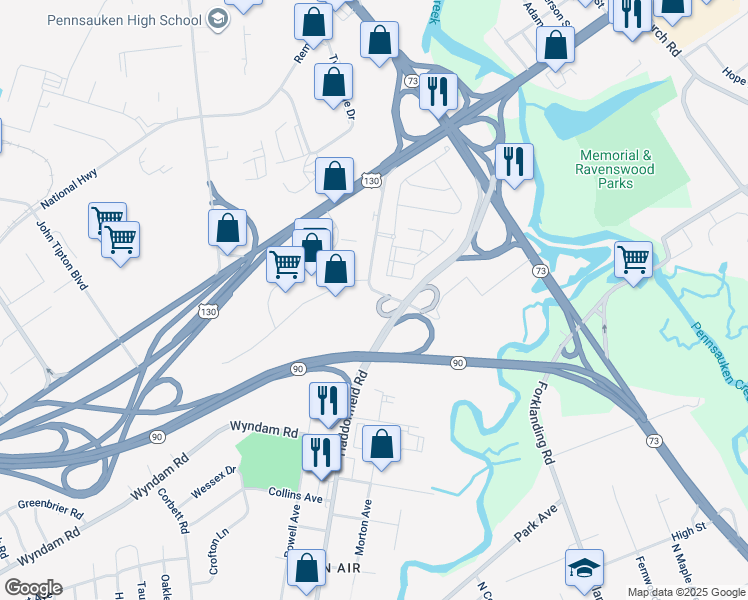 map of restaurants, bars, coffee shops, grocery stores, and more near 2432 Haddonfield Road in Pennsauken Township
