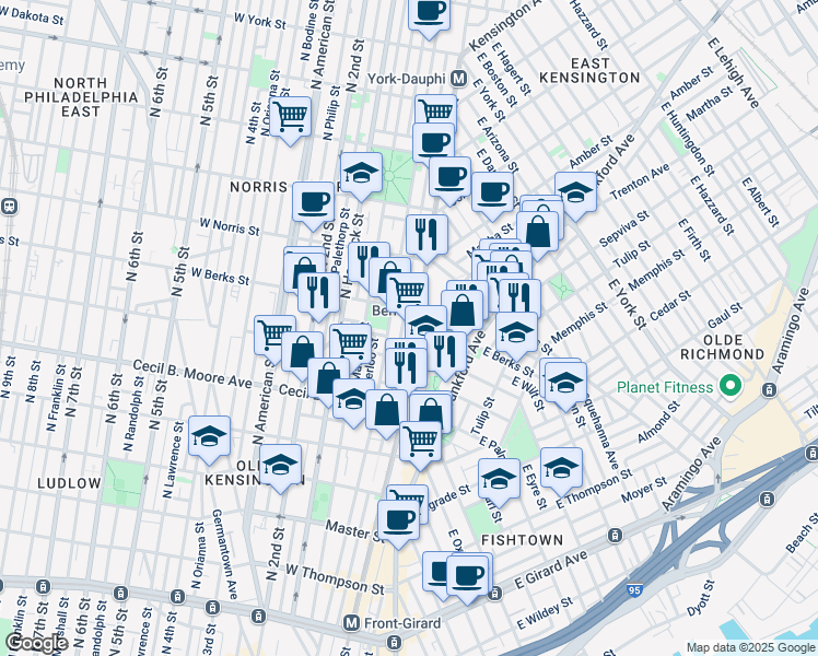 map of restaurants, bars, coffee shops, grocery stores, and more near in Philadelphia