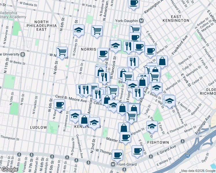 map of restaurants, bars, coffee shops, grocery stores, and more near 1821 North Hancock Street in Philadelphia
