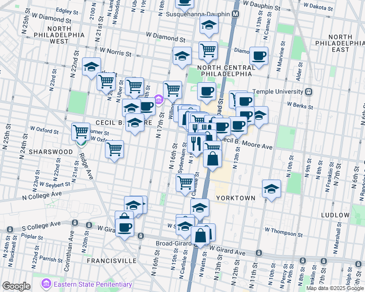 map of restaurants, bars, coffee shops, grocery stores, and more near 1611 North Sydenham Street in Philadelphia
