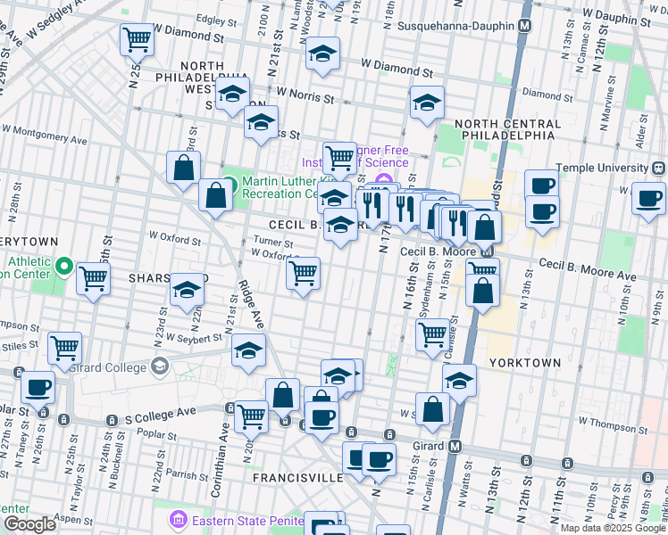 map of restaurants, bars, coffee shops, grocery stores, and more near 1540 North 18th Street in Philadelphia