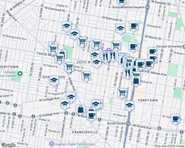 map of restaurants, bars, coffee shops, grocery stores, and more near 1540 North 18th Street in Philadelphia