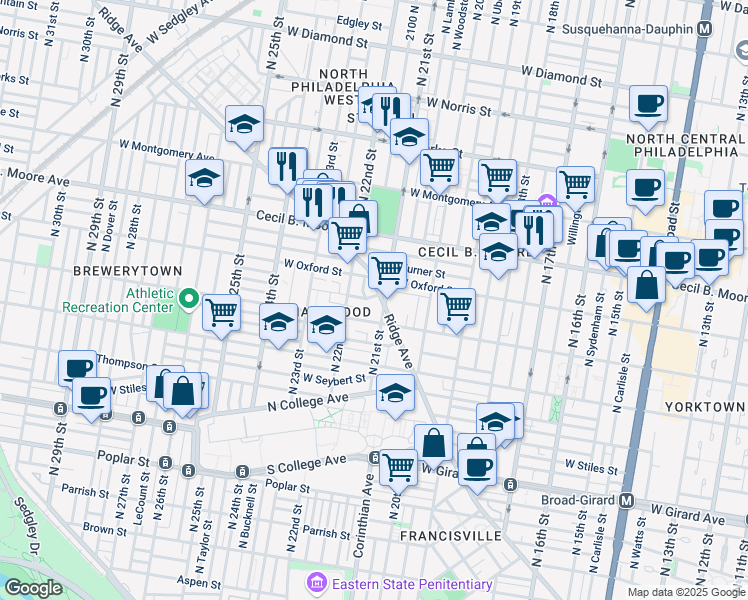 map of restaurants, bars, coffee shops, grocery stores, and more near 1509 North 21st Street in Philadelphia