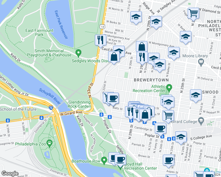 map of restaurants, bars, coffee shops, grocery stores, and more near 3041 Master Street in Philadelphia