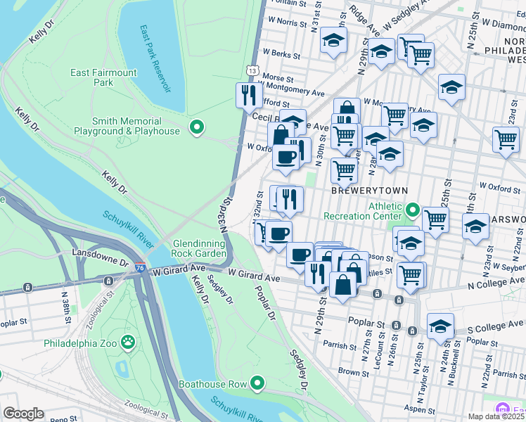 map of restaurants, bars, coffee shops, grocery stores, and more near in Philadelphia