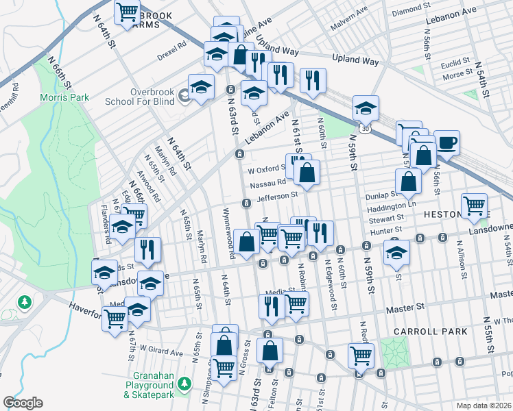 map of restaurants, bars, coffee shops, grocery stores, and more near 847 North 63rd Street in Philadelphia