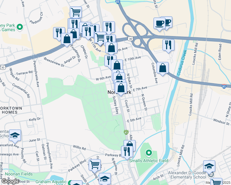 map of restaurants, bars, coffee shops, grocery stores, and more near 1116 Schley Alley in York