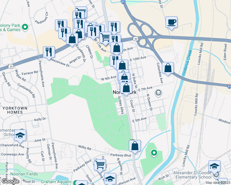 map of restaurants, bars, coffee shops, grocery stores, and more near 1116 Schley Alley in York