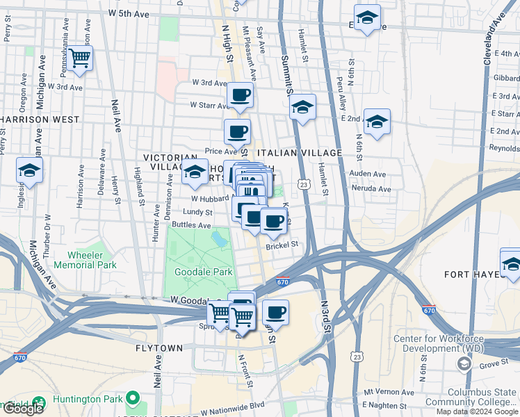 map of restaurants, bars, coffee shops, grocery stores, and more near 765 North High Street in Columbus