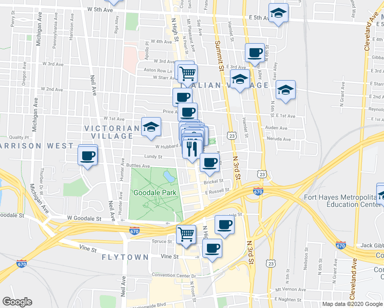 map of restaurants, bars, coffee shops, grocery stores, and more near 765 North High Street in Columbus
