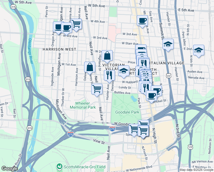 map of restaurants, bars, coffee shops, grocery stores, and more near 221 West Hubbard Avenue in Columbus
