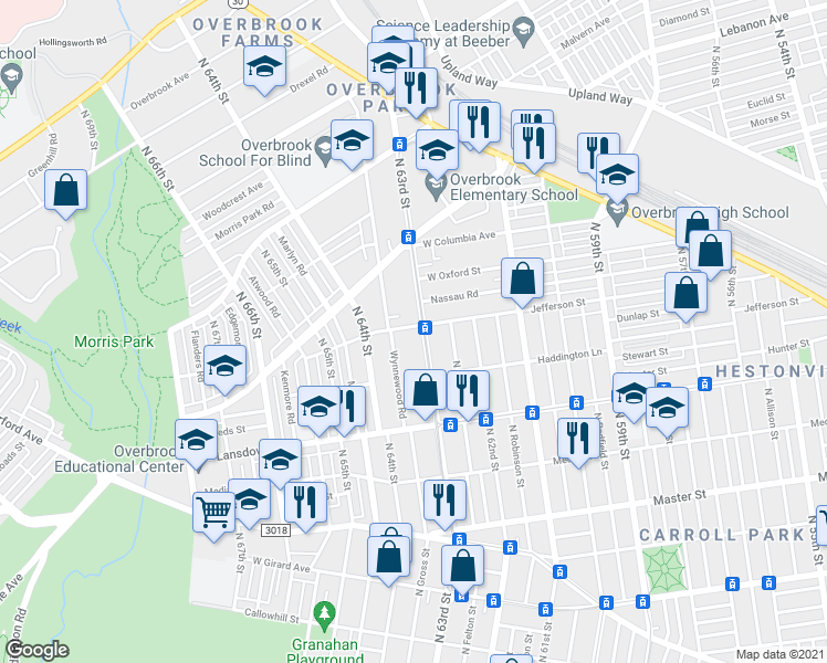 map of restaurants, bars, coffee shops, grocery stores, and more near 848 North 63rd Street in Philadelphia