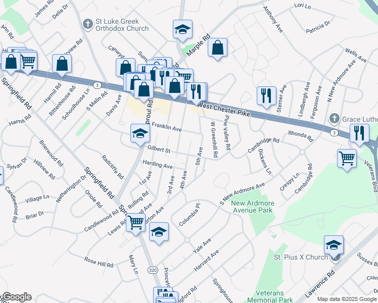 map of restaurants, bars, coffee shops, grocery stores, and more near 90 4th Ave in Broomall