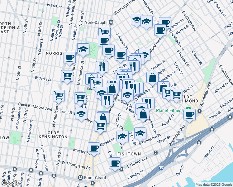 map of restaurants, bars, coffee shops, grocery stores, and more near 1848 Frankford Avenue in Philadelphia