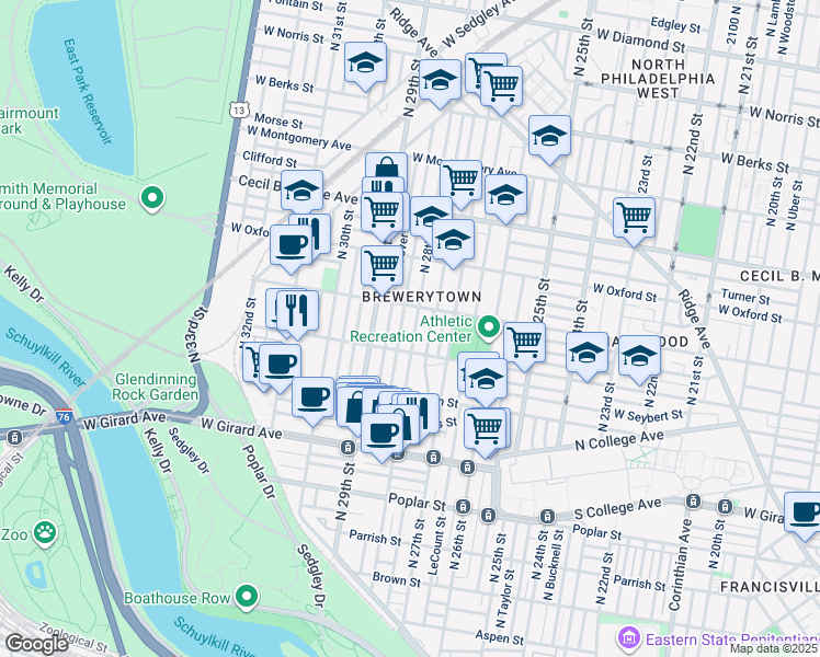 map of restaurants, bars, coffee shops, grocery stores, and more near 1434 North 28th Street in Philadelphia