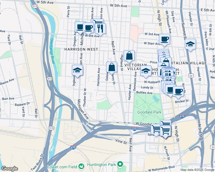 map of restaurants, bars, coffee shops, grocery stores, and more near 339 West Hubbard Avenue in Columbus