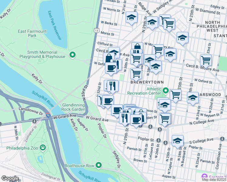 map of restaurants, bars, coffee shops, grocery stores, and more near 1401 North 31st Street in Philadelphia