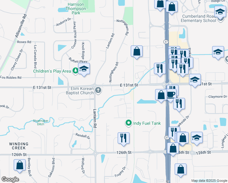 map of restaurants, bars, coffee shops, grocery stores, and more near 9009 Mercer Drive in Fishers