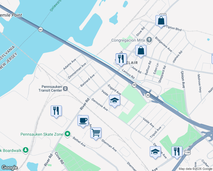 map of restaurants, bars, coffee shops, grocery stores, and more near 7538 River Road in Pennsauken Township