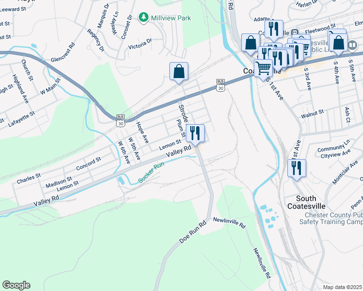 map of restaurants, bars, coffee shops, grocery stores, and more near 338 Lemon Street in Coatesville