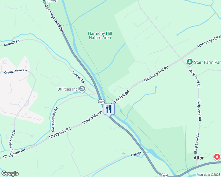 map of restaurants, bars, coffee shops, grocery stores, and more near 1179 Harmony Hill Road in Downingtown