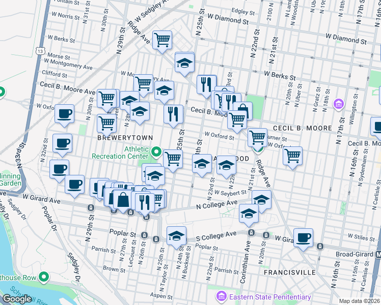map of restaurants, bars, coffee shops, grocery stores, and more near in Philadelphia