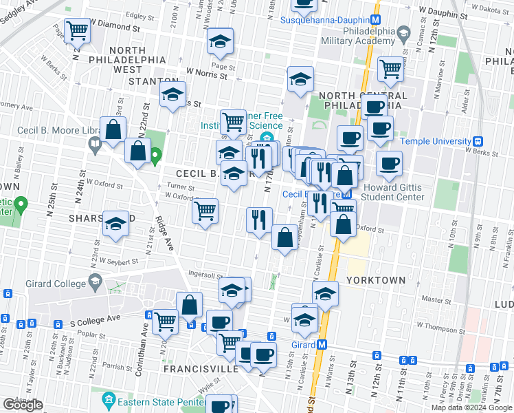 map of restaurants, bars, coffee shops, grocery stores, and more near 1713 West Oxford Street in Philadelphia