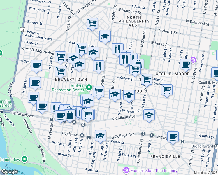 map of restaurants, bars, coffee shops, grocery stores, and more near 2415 West Jefferson Street in Philadelphia