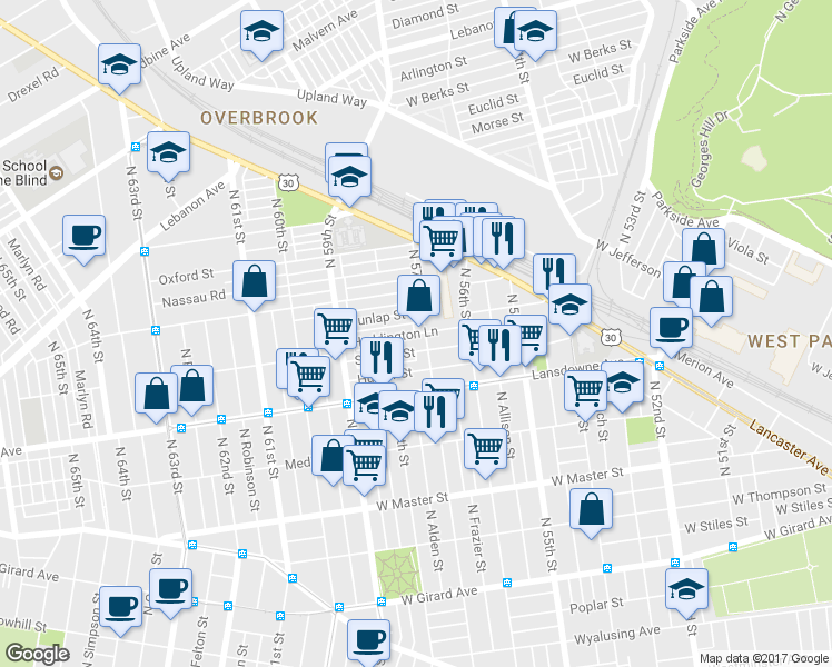 map of restaurants, bars, coffee shops, grocery stores, and more near 5712 Haddington Lane in Philadelphia