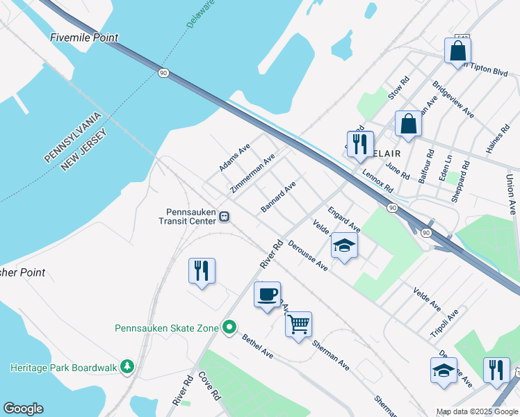 map of restaurants, bars, coffee shops, grocery stores, and more near 7319 Bannard Avenue in Pennsauken Township