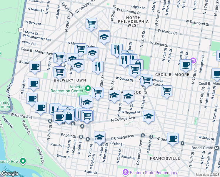 map of restaurants, bars, coffee shops, grocery stores, and more near 2423 West Jefferson Street in Philadelphia