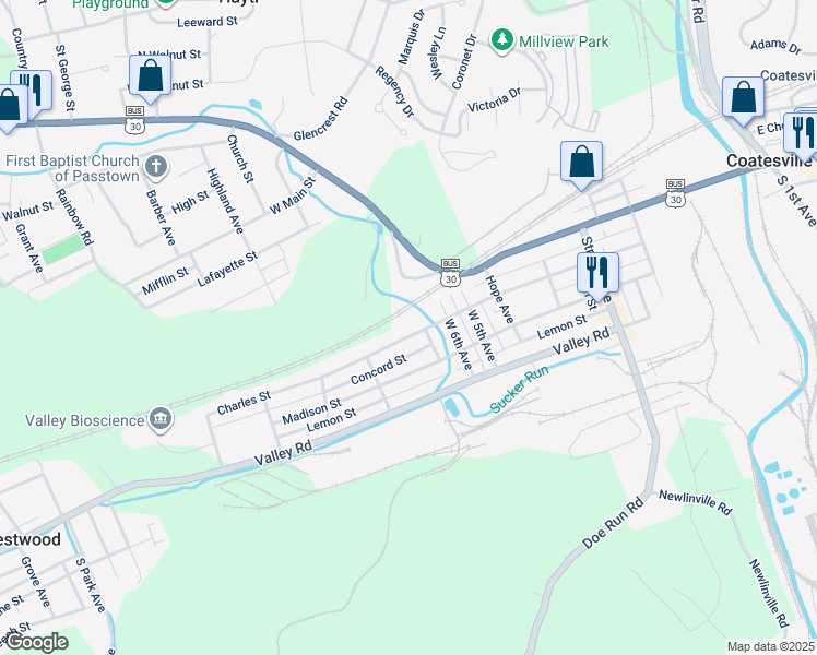 map of restaurants, bars, coffee shops, grocery stores, and more near 709 Charles Street in Coatesville