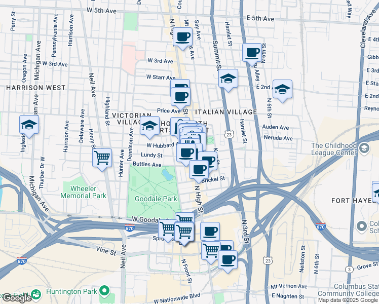 map of restaurants, bars, coffee shops, grocery stores, and more near 765 North High Street in Columbus