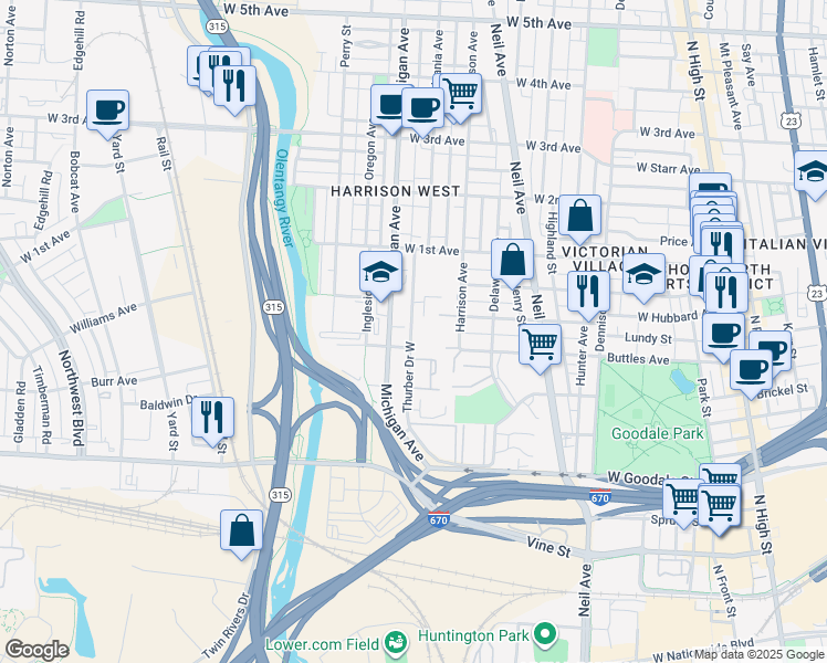 map of restaurants, bars, coffee shops, grocery stores, and more near 834 Thurber Drive West in Columbus