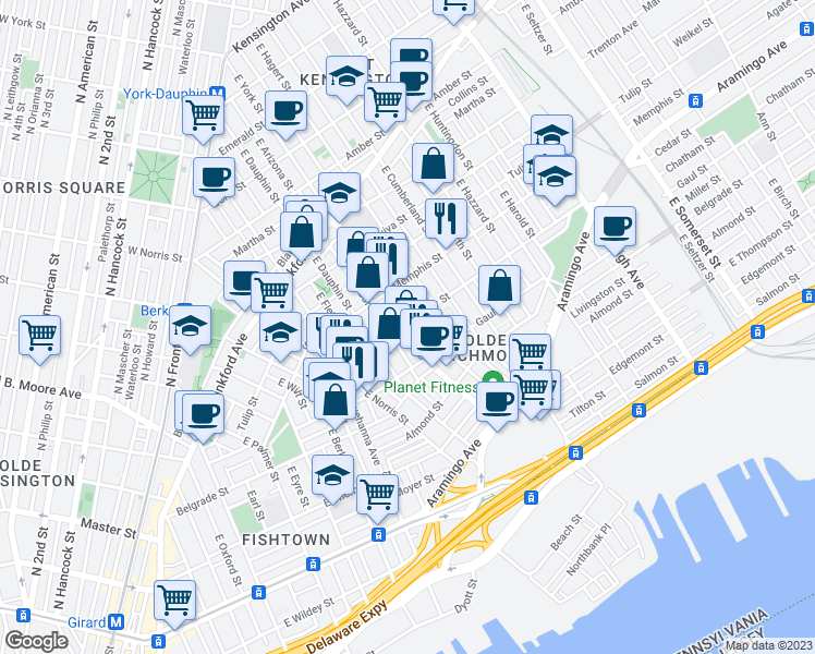 map of restaurants, bars, coffee shops, grocery stores, and more near 2401 York Street in Philadelphia