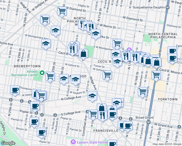 map of restaurants, bars, coffee shops, grocery stores, and more near 1509 North 21st Street in Philadelphia