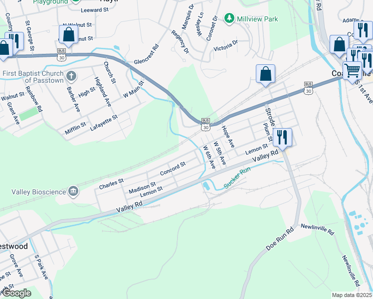map of restaurants, bars, coffee shops, grocery stores, and more near 709 Charles Street in Coatesville