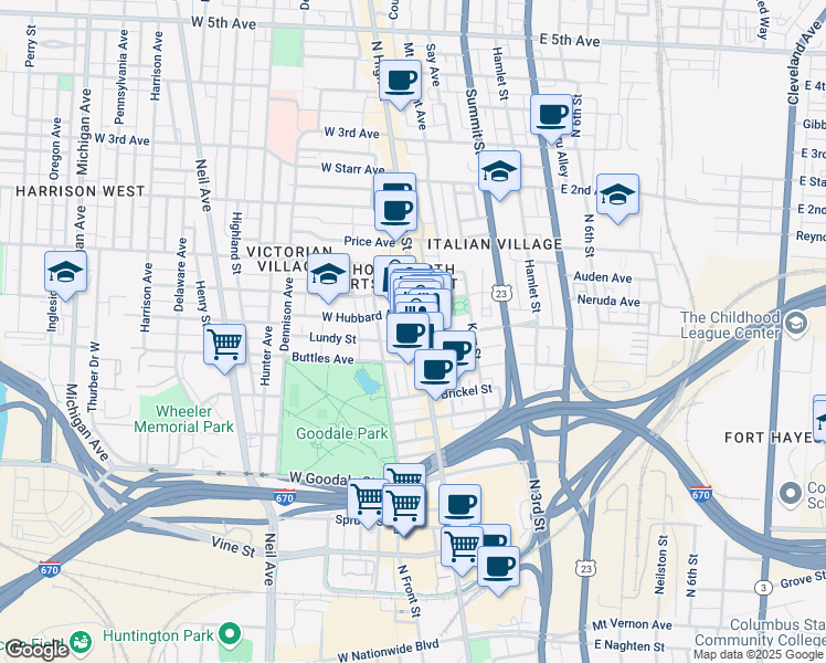 map of restaurants, bars, coffee shops, grocery stores, and more near 765 North High Street in Columbus