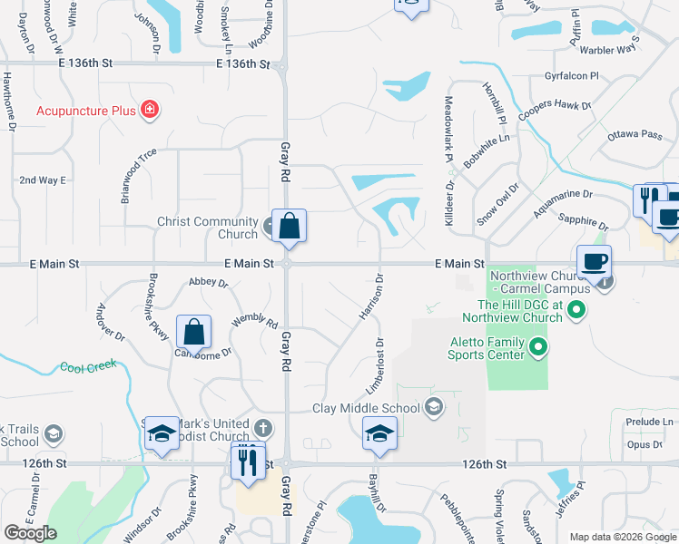 map of restaurants, bars, coffee shops, grocery stores, and more near 4980 Harrison Circle in Carmel