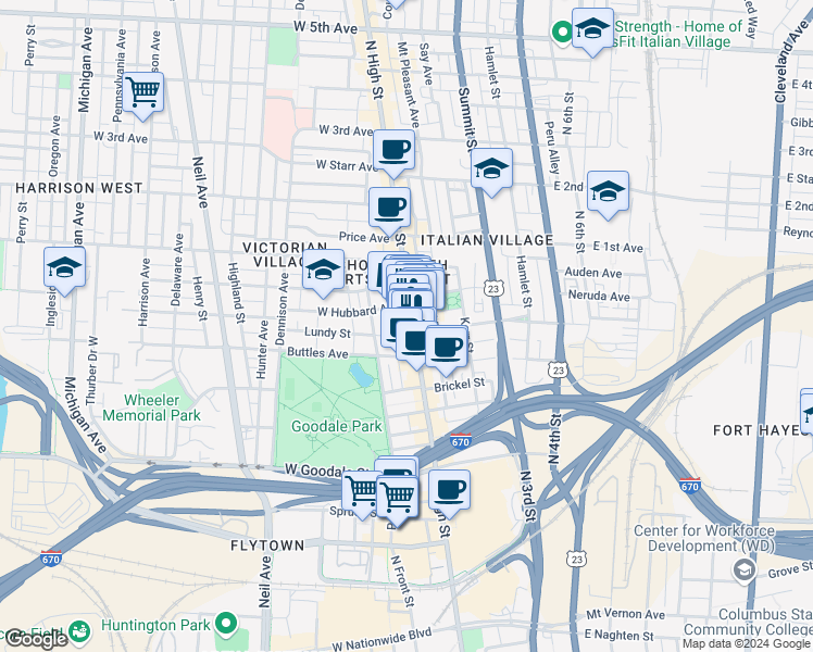 map of restaurants, bars, coffee shops, grocery stores, and more near 767 North High Street in Columbus