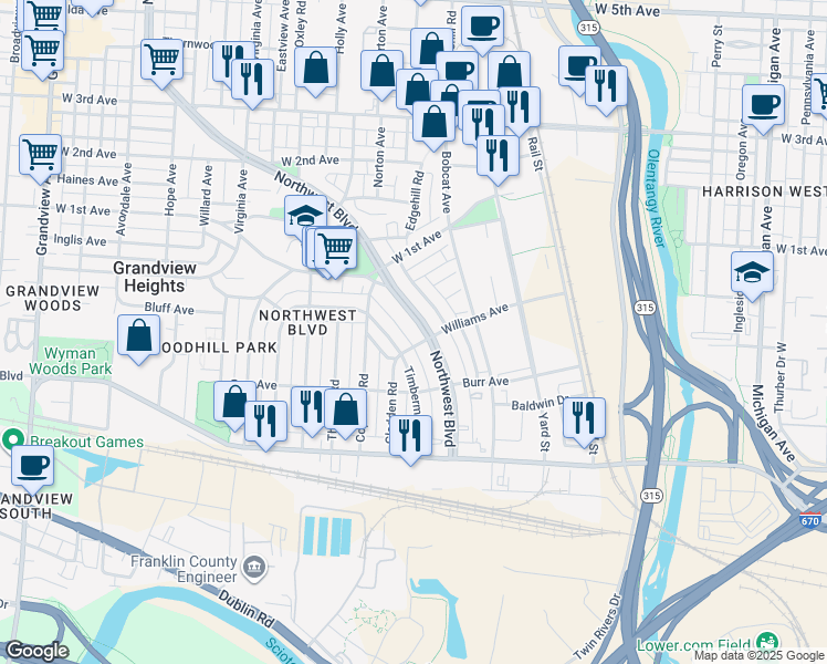 map of restaurants, bars, coffee shops, grocery stores, and more near 931 Northwest Boulevard in Grandview Heights