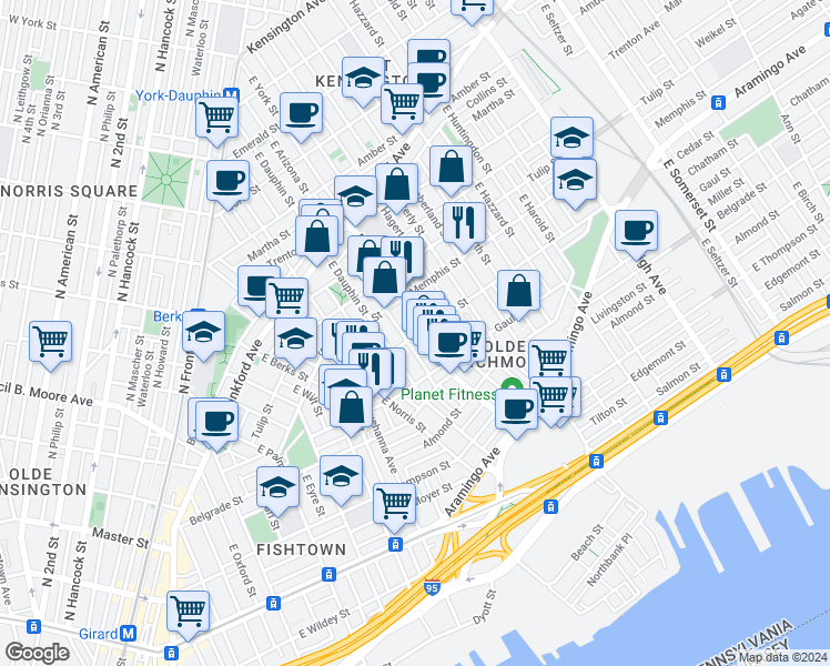 map of restaurants, bars, coffee shops, grocery stores, and more near 2366 East York Street in Philadelphia