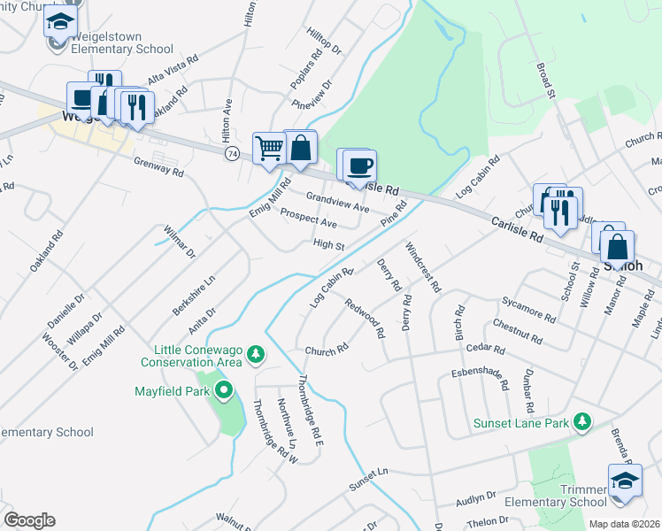 map of restaurants, bars, coffee shops, grocery stores, and more near 2450 Pine Road in York