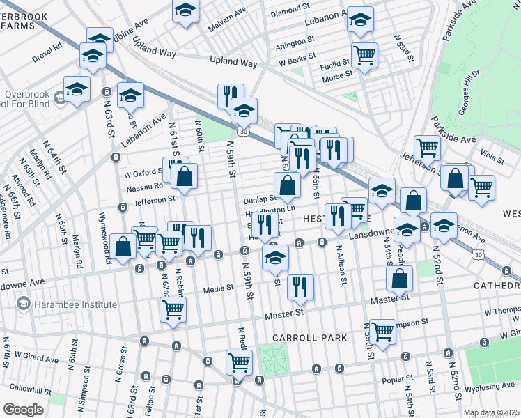 map of restaurants, bars, coffee shops, grocery stores, and more near 5763 Haddington Lane in Philadelphia